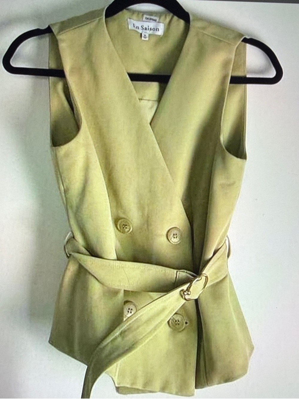Sleeveless Double-Breasted Belted Vest - Light sage green
